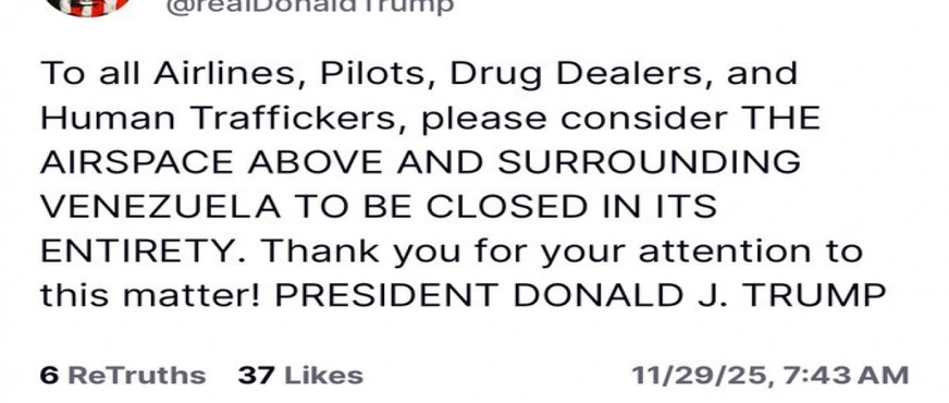 Donald Tramp Venesuela üzərində hava məkanının tamamilə bağlı olduğunu elan edib